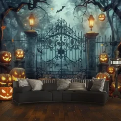 Halloween Gothic Haunted House Wall Tapestry – Creepy Silhouettes in Front of Spooky Mansion, Foggy Night Scene, Horror Backdrop for 2025 HALLOWEEN Living Room, Bedroom, Party Decoration