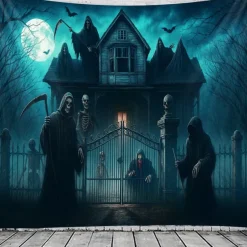 Halloween Gothic Haunted House Wall Tapestry – Creepy Silhouettes in Front of Spooky Mansion, Foggy Night Scene, Horror Backdrop for 2025 HALLOWEEN Living Room, Bedroom, Party Decoration