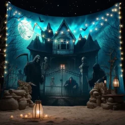 Halloween Gothic Haunted House Wall Tapestry – Creepy Silhouettes in Front of Spooky Mansion, Foggy Night Scene, Horror Backdrop for 2025 HALLOWEEN Living Room, Bedroom, Party Decoration