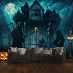 Halloween Gothic Haunted House Wall Tapestry – Creepy Silhouettes in Front of Spooky Mansion, Foggy Night Scene, Horror Backdrop for 2025 HALLOWEEN Living Room, Bedroom, Party Decoration