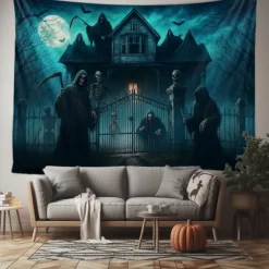Halloween Gothic Haunted House Wall Tapestry – Creepy Silhouettes in Front of Spooky Mansion, Foggy Night Scene, Horror Backdrop for 2025 HALLOWEEN Living Room, Bedroom, Party Decoration