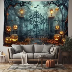 Halloween Gothic Haunted House Wall Tapestry – Creepy Silhouettes in Front of Spooky Mansion, Foggy Night Scene, Horror Backdrop for 2025 HALLOWEEN Living Room, Bedroom, Party Decoration