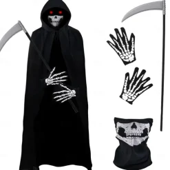 Halloween Grim Reaper Costume Skeleton Skull Outfits 4 PCS Cape with Hood Cloak Plastic Scythe Skull Mask Easy Halloween Costumes Carnival for Men Adults