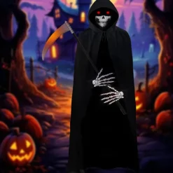 Halloween Grim Reaper Costume Skeleton Skull Outfits 4 PCS Cape with Hood Cloak Plastic Scythe Skull Mask Easy Halloween Costumes Carnival for Men Adults