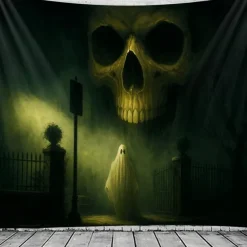 Halloween Grim Reaper Tapestry – Scary Skeleton with Jack-O'-Lantern, Spooky Graveyard Full Moon Wall Art Backdrop, Large Hanging Mural Blanket for 2025 Halloween decoration