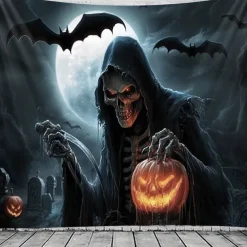 Halloween Grim Reaper Tapestry – Scary Skeleton with Jack-O'-Lantern, Spooky Graveyard Full Moon Wall Art Backdrop, Large Hanging Mural Blanket for 2025 Halloween decoration
