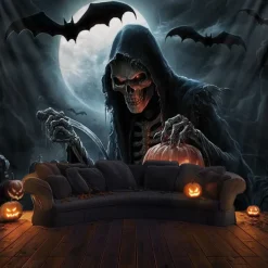 Halloween Grim Reaper Tapestry – Scary Skeleton with Jack-O'-Lantern, Spooky Graveyard Full Moon Wall Art Backdrop, Large Hanging Mural Blanket for 2025 Halloween decoration