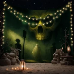 Halloween Grim Reaper Tapestry – Scary Skeleton with Jack-O'-Lantern, Spooky Graveyard Full Moon Wall Art Backdrop, Large Hanging Mural Blanket for 2025 Halloween decoration