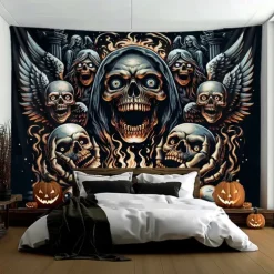 Halloween Hanging Tapestry Photograph Backdrop Jack O Lantern Wall Art Large Tapestry Mural Decor Blanket Curtain Home Bedroom Living Room Decoration Death Selfie