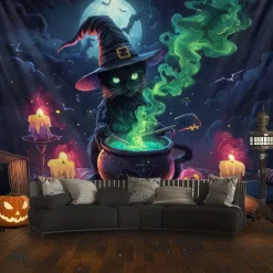 Halloween Hanging Tapestry Black Cat Photograph Backdrop Jack O Lantern Wall Art Large Tapestry Mural Decor Blanket Curtain Home Bedroom Living Room Decoration Death Selfie