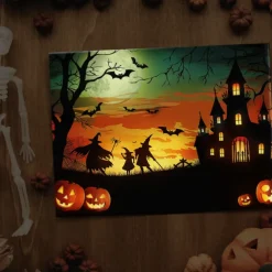 Halloween Haunted House Silhouette LED Canvas Wall Art - Battery Operated Lighted Wall Decor for 2025 Halloween home decoration light livingroom and bedroom