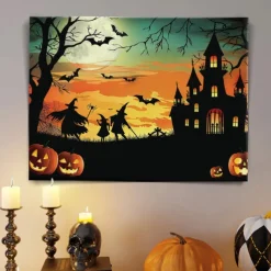 Halloween Haunted House Silhouette LED Canvas Wall Art - Battery Operated Lighted Wall Decor for 2025 Halloween home decoration light livingroom and bedroom