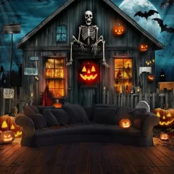 Halloween Haunted House Wall Tapestry – Skeleton and Glowing Jack-o'-Lantern Porch Scene, Spooky Night Sky, Gothic Backdrop for 2025 Halloween Living Room, Bedroom, Party Decoration
