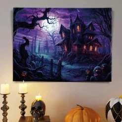 Halloween Haunted Mansion with Moonlight LED Canvas Wall Art - Battery Operated Lighted Wall Decor for 2025 Halloween home decoration light livingroom and bedroom