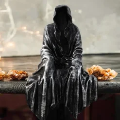 Halloween Horror Art Design Resin Black Robe Dead God Sitting Statue Gothic Dark Knight Terror Dead God Decoration Suitable for Halloween Home Decoration Bookcase Desktop Decoration Gifts 1PC