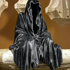 Halloween Horror Art Design Resin Black Robe Dead God Sitting Statue Gothic Dark Knight Terror Dead God Decoration Suitable for Halloween Home Decoration Bookcase Desktop Decoration Gifts 1PC