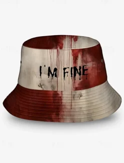 Halloween Horror Bucket Hat with Bloody 'I'm Fine' Graphic – Unisex Creepy Costume Accessory