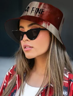 Halloween Horror Bucket Hat with Bloody 'I'm Fine' Graphic – Unisex Creepy Costume Accessory