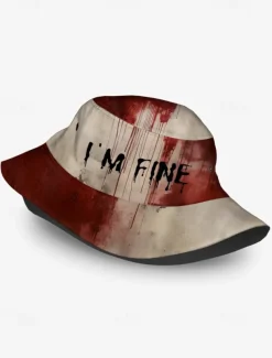 Halloween Horror Bucket Hat with Bloody 'I'm Fine' Graphic – Unisex Creepy Costume Accessory
