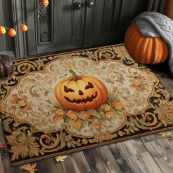 Halloween Indoor Outdoor Doormat Kitchen Mat Pumpkin Face with Ornamental Frame Design, Non-Slip Front Door Mat for Porch, Entryway, Patio, Bedroom, Bathroom and 2025 Halloween Home Decoration