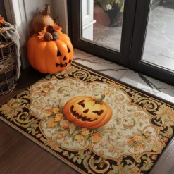 Halloween Indoor Outdoor Doormat Kitchen Mat Pumpkin Face with Ornamental Frame Design, Non-Slip Front Door Mat for Porch, Entryway, Patio, Bedroom, Bathroom and 2025 Halloween Home Decoration