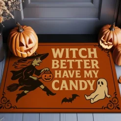 Halloween Indoor Outdoor Doormat Kitchen Mat Purple Witch Hat with Quote, Non-Slip Front Door Mat for Porch, Entryway, Patio, Bedroom, Bathroom and 2025 Halloween Home Decoration