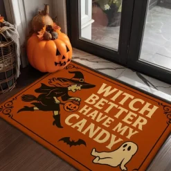Halloween Indoor Outdoor Doormat Kitchen Mat Purple Witch Hat with Quote, Non-Slip Front Door Mat for Porch, Entryway, Patio, Bedroom, Bathroom and 2025 Halloween Home Decoration