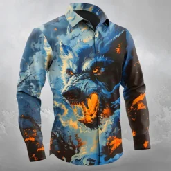 Halloween Men's Animal Wolf Halloween Costumes Shirt Button Up Shirt Long Sleeve Dark Gothic Style Outdoor Holiday Spring Fall Turndown 3D Print Collared Shirts Orange yellow Blue Orange Dark Blue