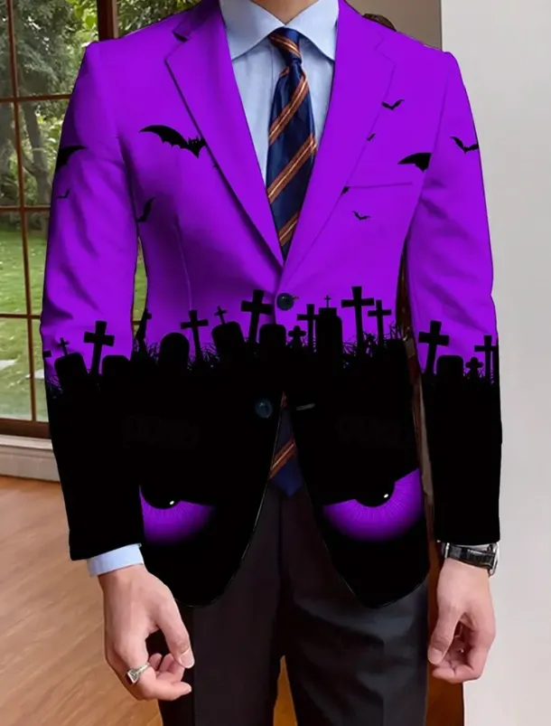 Halloween Men's Coat Blazer Outdoor Street Festival Casual Daily All Seasons 100% Polyester Bat 3D Print Buttons Comfortable Single Breasted Blazer White Purple Orange