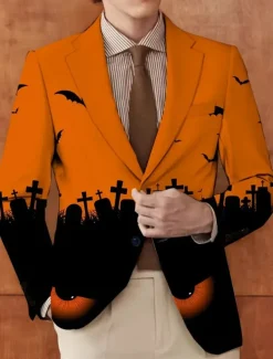 Halloween Men's Coat Blazer Outdoor Street Festival Casual Daily All Seasons 100% Polyester Bat 3D Print Buttons Comfortable Single Breasted Blazer White Purple Orange