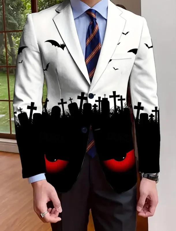 Halloween Men's Coat Blazer Outdoor Street Festival Casual Daily All Seasons 100% Polyester Bat 3D Print Buttons Comfortable Single Breasted Blazer White Purple Orange