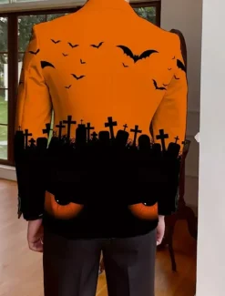 Halloween Men's Coat Blazer Outdoor Street Festival Casual Daily All Seasons 100% Polyester Bat 3D Print Buttons Comfortable Single Breasted Blazer White Purple Orange
