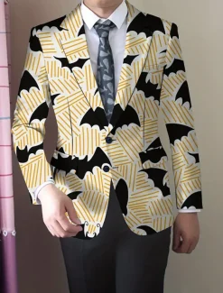 Halloween Men's Coat Blazer Outdoor Street Festival Casual Daily British All Seasons 100% Polyester Bat 3D Print Buttons Comfortable Single Breasted Blazer Black Orange Brown