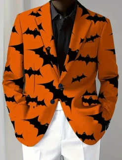 Halloween Men's Coat Blazer Outdoor Street Festival Casual Daily British All Seasons 100% Polyester Bat 3D Print Buttons Comfortable Single Breasted Blazer Black Orange Brown