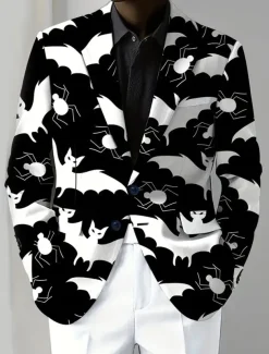 Halloween Men's Coat Blazer Outdoor Street Festival Casual Daily British All Seasons 100% Polyester Bat 3D Print Buttons Comfortable Single Breasted Blazer Black Orange Brown