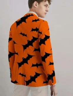 Halloween Men's Coat Blazer Outdoor Street Festival Casual Daily British All Seasons 100% Polyester Bat 3D Print Buttons Comfortable Single Breasted Blazer Black Orange Brown