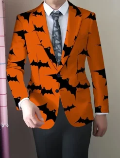Halloween Men's Coat Blazer Outdoor Street Festival Casual Daily British All Seasons 100% Polyester Bat 3D Print Buttons Comfortable Single Breasted Blazer Black Orange Brown
