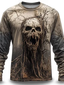 Halloween Men's Cool Skulls T shirt Long Sleeve T shirt 3D Print Crew Neck Shirt Horror Street Casual Daily Khaki Summer Spring Fall Clothing Apparel S M L XL XXL XXXL