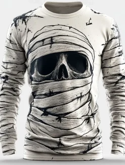 Halloween Men's Cool Skulls T shirt Long Sleeve T shirt 3D Print Crew Neck Shirt Designer Horror Street Casual Daily White Summer Spring Fall Clothing Apparel S M L XL XXL XXXL