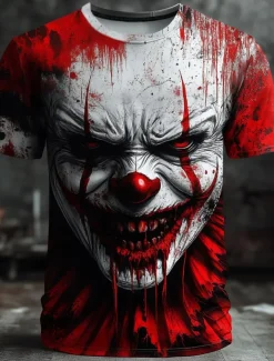 Halloween Men's 3D Clown T Shirt Short Sleeve T shirt 3D Print Crew Neck Shirt Exaggerated Designer Horror Party Street Casual Red Black Gray Gray Summer Spring All Seasons Clothing Apparel S M L XL