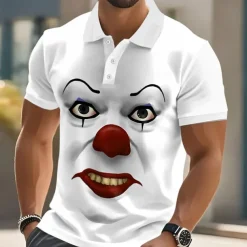 Halloween Men's Funny Clown Polo Short Sleeve Polo Shirts Lapel Ugly Hawaiian Casual Outdoor Street Gift Athleisure 3D Print Buttons Summer Black White Red