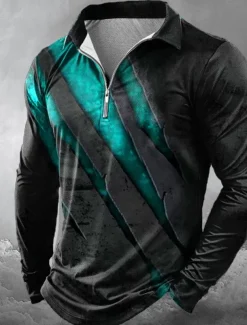 Halloween Men's Graphic Abstract Zip Polo Shirts Long Sleeve Polo Shirts Lapel Casual Horror Dark Outdoor Festival Outfit 3D Print Spring Fall Winter Lake blue Red Blue