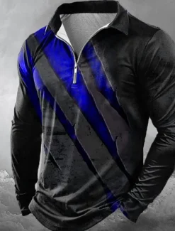 Halloween Men's Graphic Abstract Zip Polo Shirts Long Sleeve Polo Shirts Lapel Casual Horror Dark Outdoor Festival Outfit 3D Print Spring Fall Winter Lake blue Red Blue