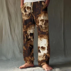 Halloween Men's Halloween Costumes Skulls Trousers Baggy Pants Casual Pants Mid Waist Dark Punk Gothic Style Holiday Elastic Drawstring Waist Linen-Like Pants with Pockets Spring Fall 3D Print Black