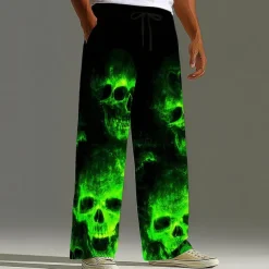 Halloween Men's Halloween Costumes Skulls Trousers Baggy Pants Casual Pants Mid Waist Dark Punk Gothic Style Holiday Elastic Drawstring Waist Linen-Like Pants with Pockets Spring Fall 3D Print Black