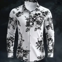 Halloween Men's Halloween Costumes Skulls Shirt Button Up Shirt Casual Dress Shirt Long Sleeve Dark Gothic Style Holiday Summer Spring Turndown 3D Print Collared Shirts White 1 Black White