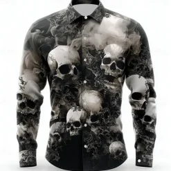 Halloween Men's Halloween Costumes Skulls Shirt Button Up Shirt Casual Dress Shirt Long Sleeve Dark Gothic Style Holiday Summer Spring Turndown 3D Print Collared Shirts White 1 Black White