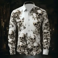 Halloween Men's Halloween Costumes Skulls Shirt Button Up Shirt Casual Dress Shirt Long Sleeve Dark Gothic Style Holiday Summer Spring Turndown 3D Print Collared Shirts White 1 Black White