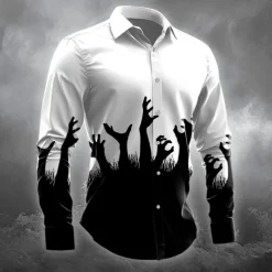 Halloween Men's Halloween Costumes Button Up Shirt Long Sleeve Horror Dark Party Evening Wear Fall Winter Spring & Summer Shirt Collar 3D Print Black