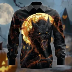 Halloween Men's Halloween Costumes Button Up Shirt Long Sleeve Horror Party Evening Wear Fall Winter Spring & Summer Shirt Collar 3D Print Black